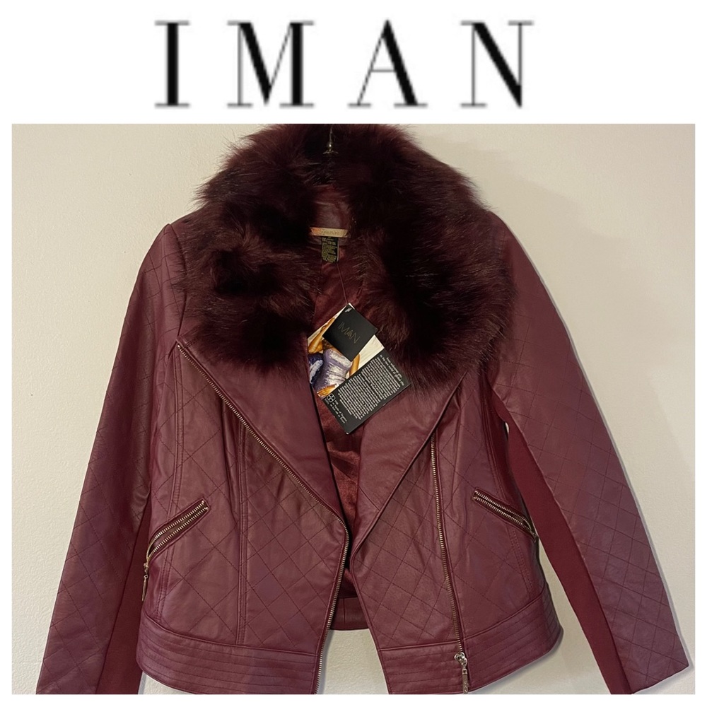 NWT IMAN Genuine Quilted Leather Jacket Faux Fur Neck Size Medium Burgundy